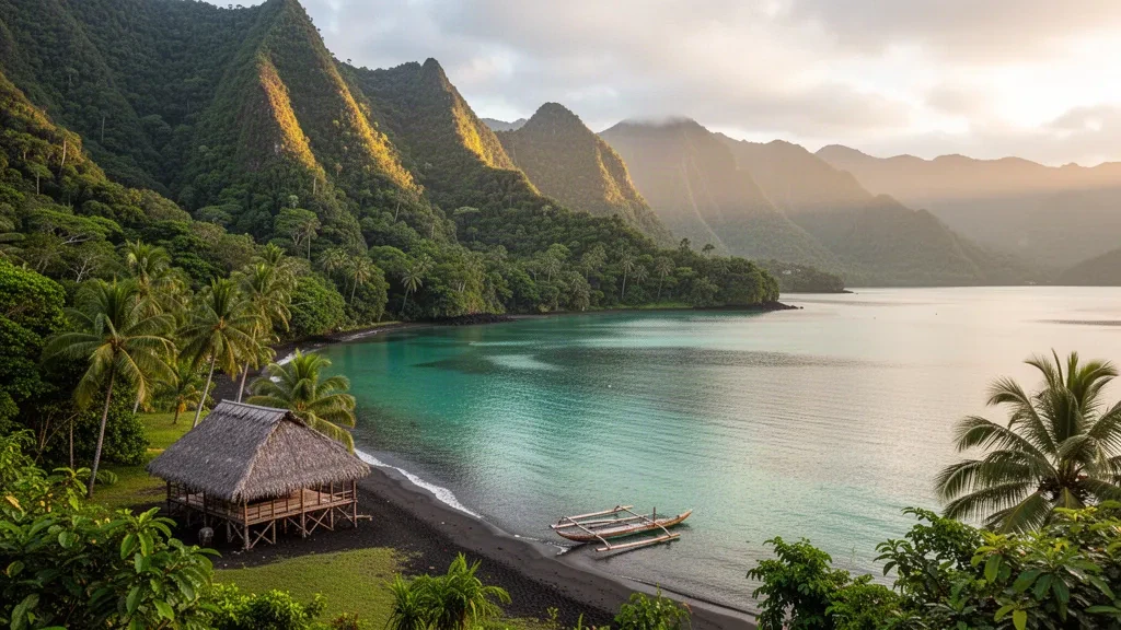 Bahía de Fagaloa turquesa en el distrito samoano de Va'a-o-Fonoti, enmarcada por crestas volcánicas cubiertas de selva tropical y un fale samoano tradicional de techo de paja