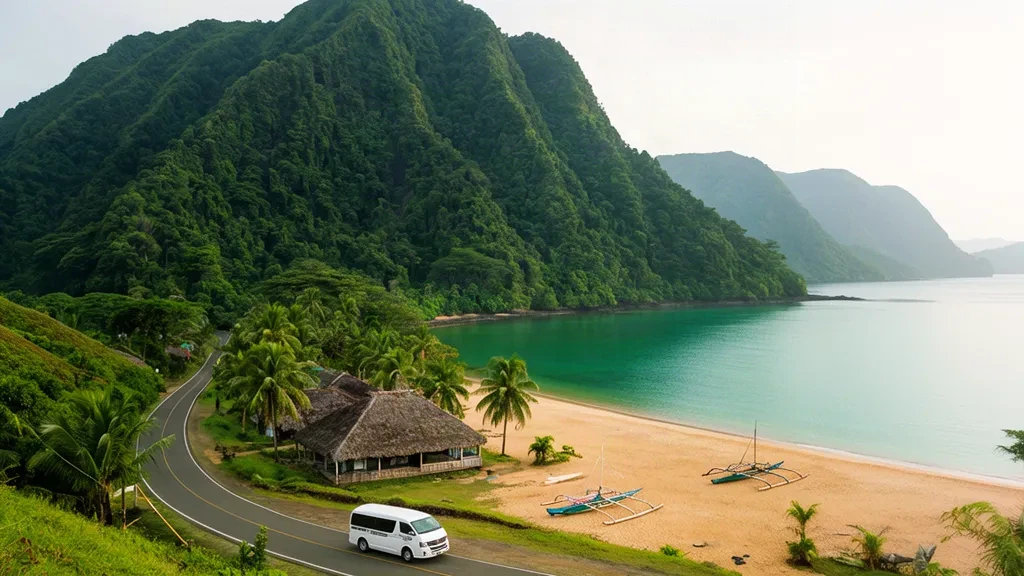 Pirogues à balancier sur le rivage turquoise de la baie de Fagaloa à Va'a-o-Fonoti, aux Samoa, encadrées par des montagnes de forêt tropicale