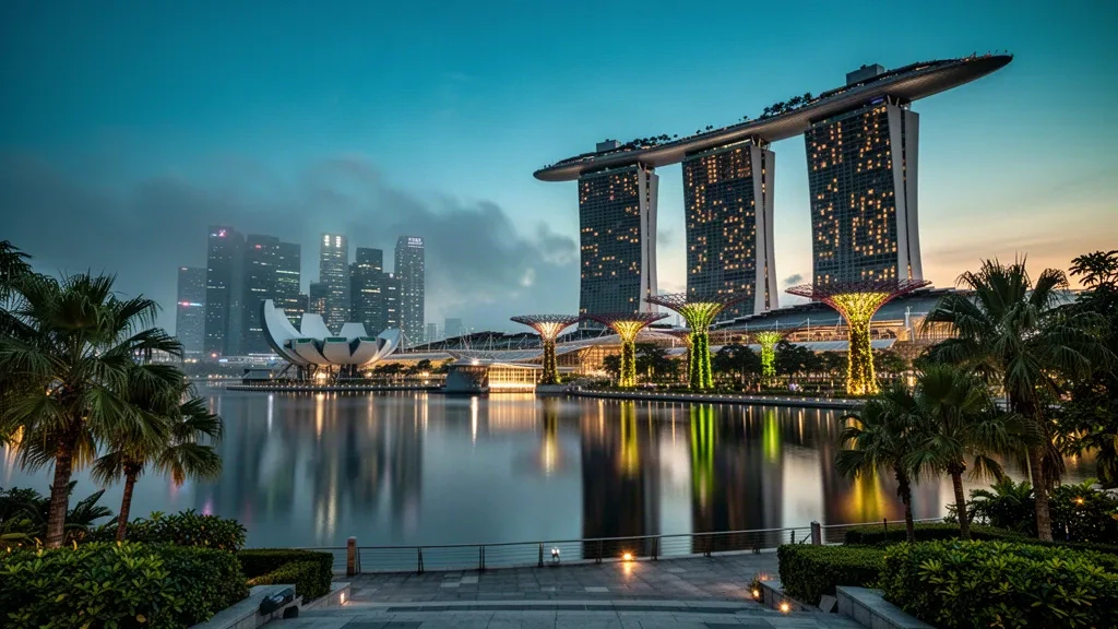 Skyline di Marina Bay a Singapore all'ora blu con Marina Bay Sands, Supertree Grove e luci della città che si riflettono sull'acqua calma
