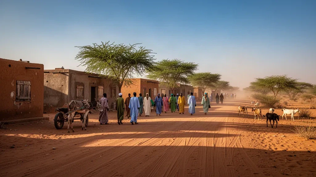 Scène de rue à l'heure dorée avec des bâtiments en briques de terre, des acacias et des habitants à Ed Daein, capitale du Darfour oriental, Soudan