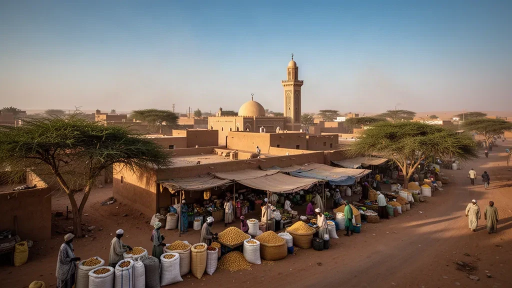 Stadtansicht von El Obeid, Nordkordofan, Sudan, zur goldenen Stunde mit Moscheeminarett, Marktständen, Akazienbäumen und warmem Wüstenlicht.
