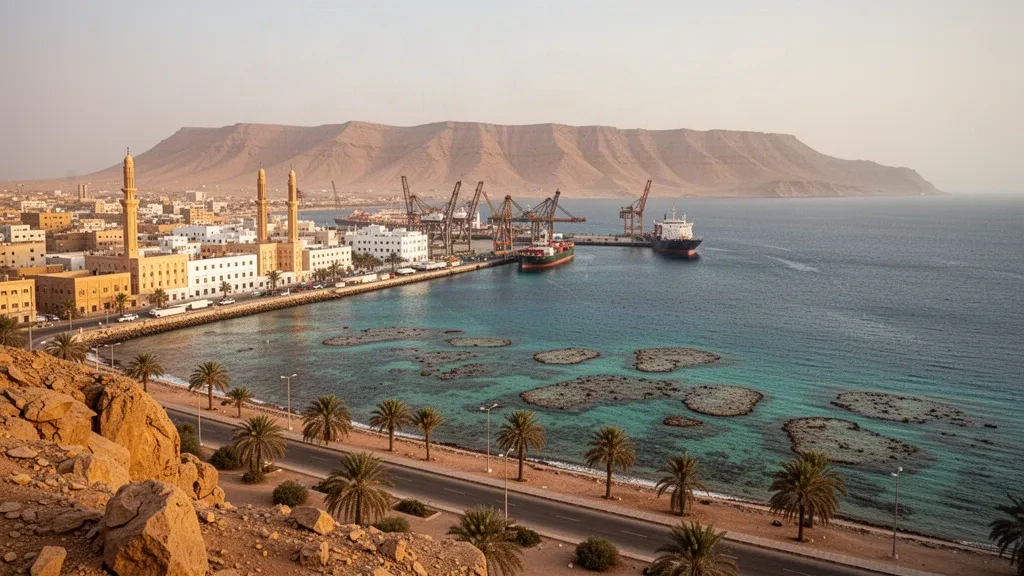 Paseo marítimo del puerto de Port Sudan en la costa sudanesa del Mar Rojo con buques de carga, aguas someras de arrecife de coral y las colinas del Mar Rojo al fondo