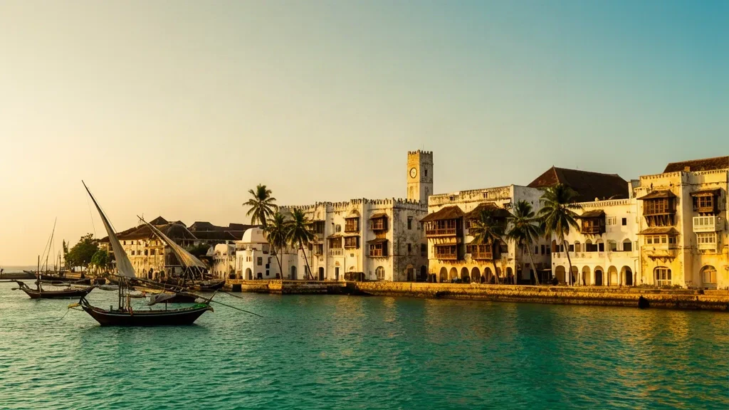 Vue à l'heure dorée du front de mer historique de Stone Town à Zanzibar City, avec des boutres traditionnels sur l'océan Indien