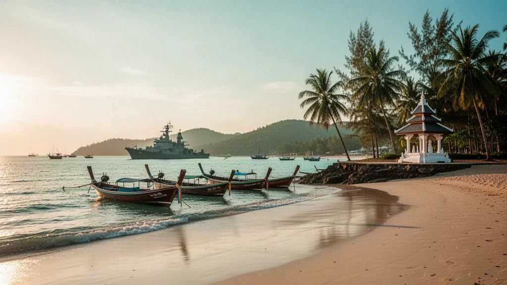 Tayland'ın Chumphon kentindeki Hat Sai Ri plajının altın saat manzarası; uzun kuyruklu tekneler, palmiye ağaçları ve ötesinde sakin Tayland Körfezi