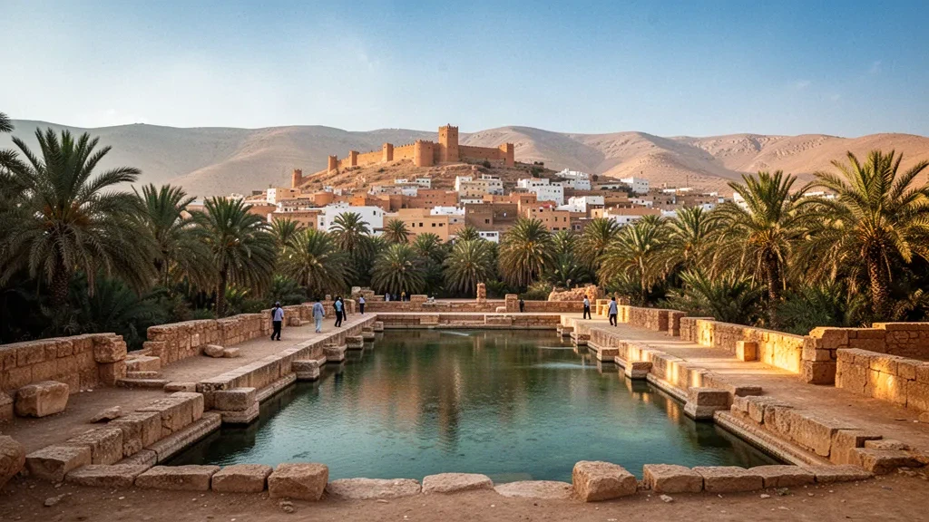 Anciens bassins romains en pierre de Gafsa, Tunisie, entourés de palmiers dattiers et de toits ocre dans une lumière chaude d'après-midi