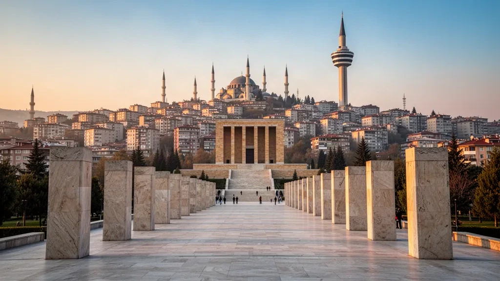 La piazza cerimoniale colonnata di Anıtkabir ad Ankara, Turchia, illuminata dalla calda luce del tardo pomeriggio con lo skyline della città che si estende oltre