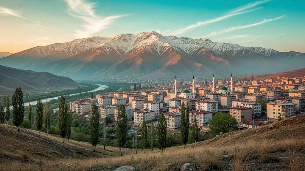 Bingöl city in eastern Turkey at golden hour, with minarets and low-rise buildings below the snow-capped Bingöl Mountains