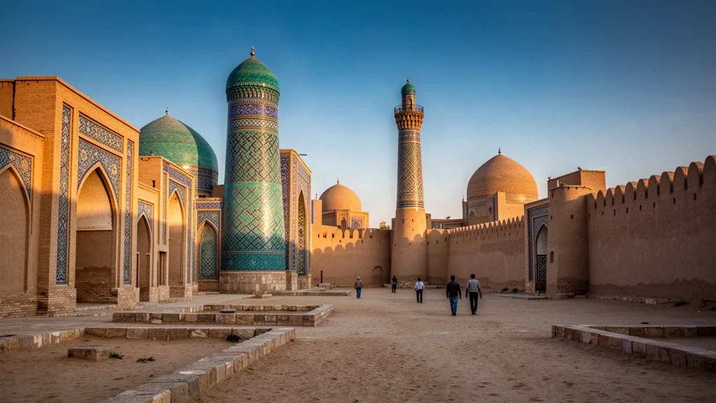 Minareto Kalta Minor con piastrelle turchesi che si erge sopra madrase in mattoni crudi a Itchan Kala, Khiva, Khorezm, Uzbekistan durante l'ora d'oro