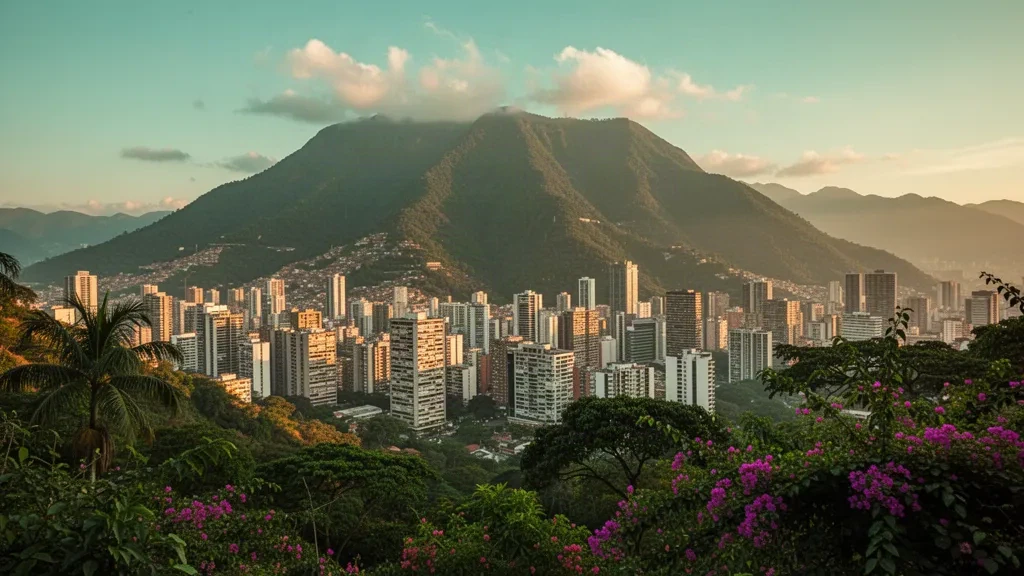 Skyline di Caracas nell'ora d'oro con la cresta verde del monte El Ávila che si erge dietro la capitale venezuelana