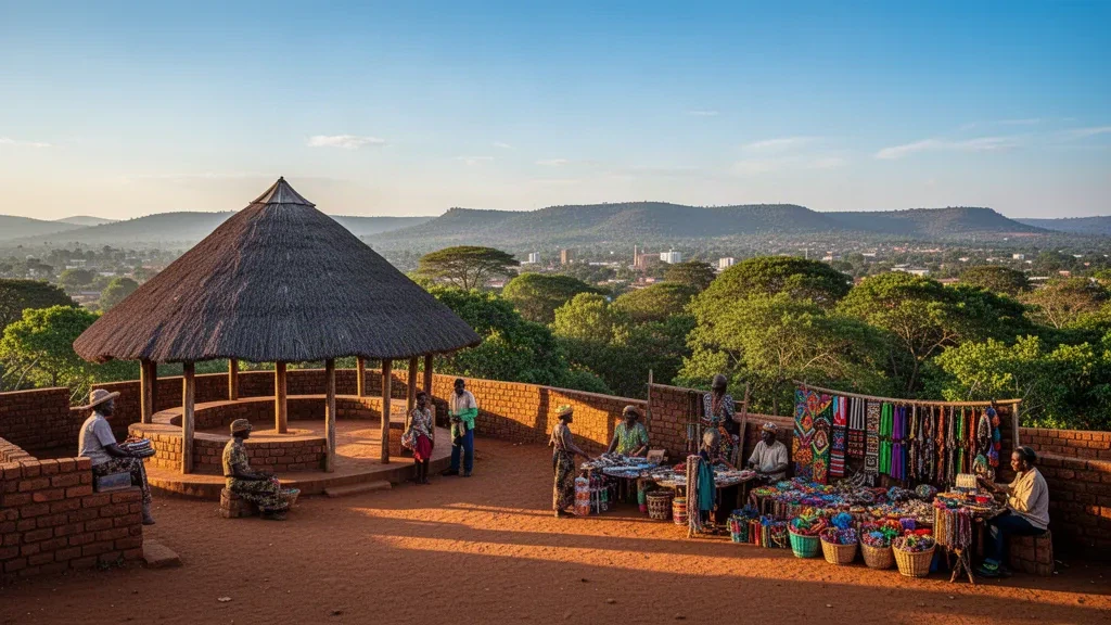 Veduta editoriale di Kasama, nello Zambia settentrionale, con il centro culturale, l'artigianato locale e la rigogliosa vegetazione circostante.