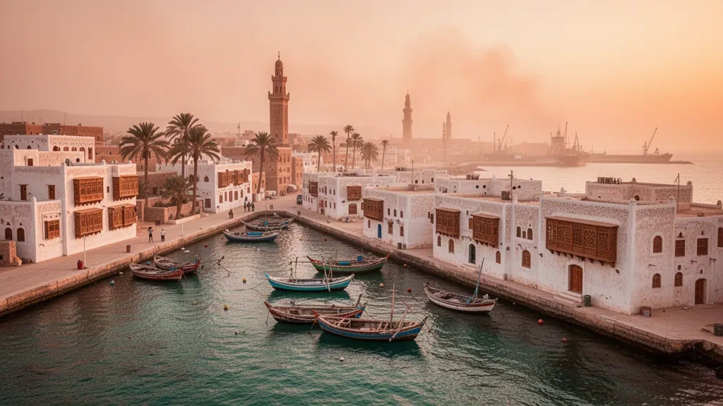 Golden hour view of Al Hudaydah's Red Sea waterfront in Yemen, with traditional boats and historic buildings along the corniche.