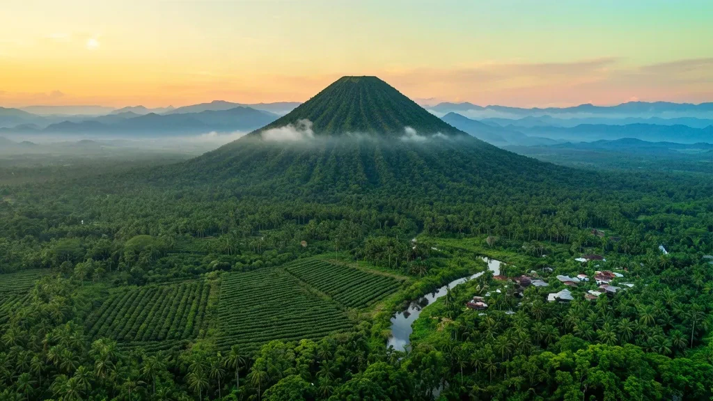 Mount Lamington volcano rising over tropical rainforest and the Popondetta plain in Oro Province, Papua New Guinea at sunrise
