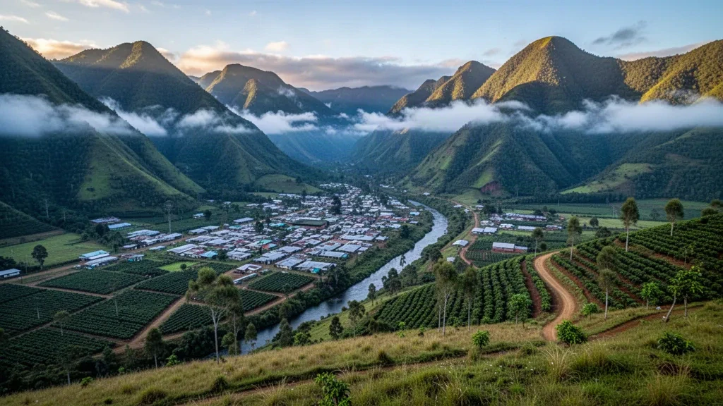Papua Yeni Gine'nin Enga Province yaylalarındaki Wabag kasabasının, sisli yeşil dağ sırtları ve bahçe yamaçlarıyla çevrili panoramik görünümü