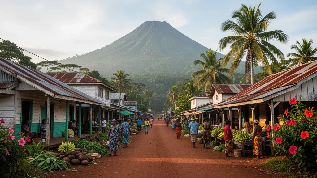 Rue de la ville de Popondetta dans la province d'Oro, en Papouasie-Nouvelle-Guinée, avec le mont Lamington s'élevant derrière le marché tropical