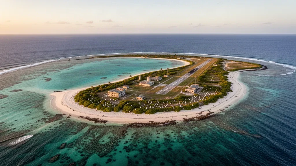 Midway Atolü'nün Sand Island'ının turkuaz lagünü, tarihi binaları ve Laysan albatroslarıyla Kuzey Pasifik'ten havadan görünümü.