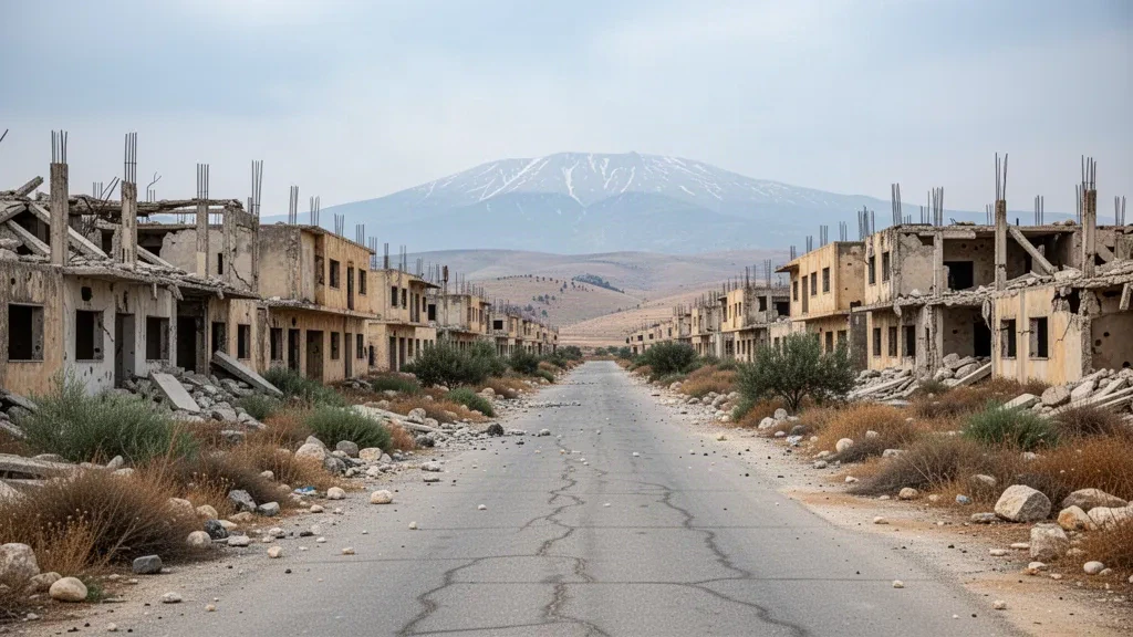 Ruined concrete buildings and empty rubble-strewn streets of the abandoned city of Quneitra in Syria, with Mount Hermon on the horizon