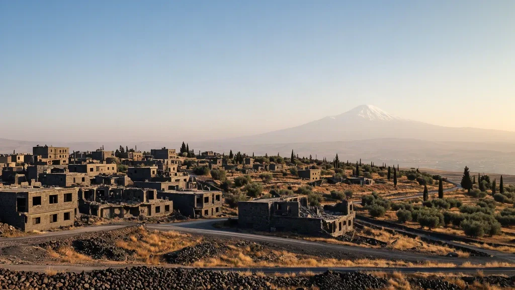Paesaggio urbano in rovina di basalto a Quneitra sull'altopiano del Golan con uliveti e il Monte Hermon nella luce dell'ora d'oro