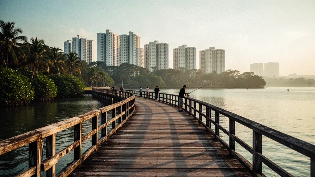 Pier am Woodlands Waterfront Park im Nordwesten Singapurs zur goldenen Stunde, mit der Johorstraße und der HDB-Skyline dahinter
