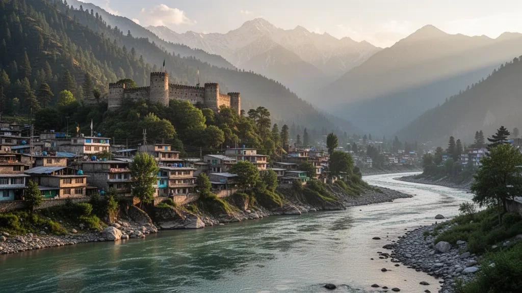 Fuerte histórico de Muzaffarabad sobre el río Neelum en Muzaffarabad, Azad Cachemira, Pakistán, bajo una cálida luz de hora dorada.