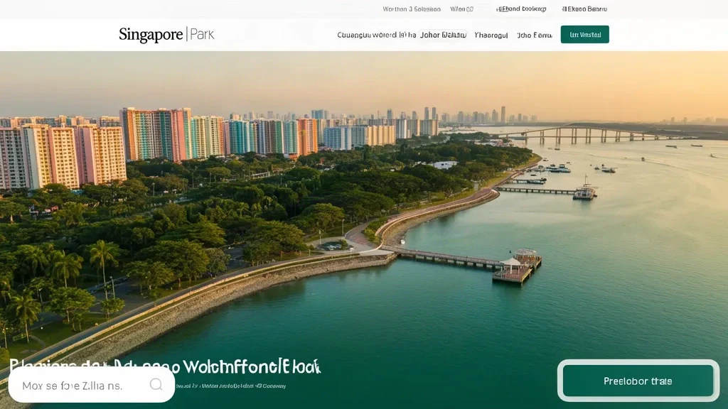 Vista aérea del noroeste de Singapur durante la hora dorada con el embarcadero de Woodlands Waterfront, la calzada y urbanizaciones HDB a lo largo del estrecho de Johor