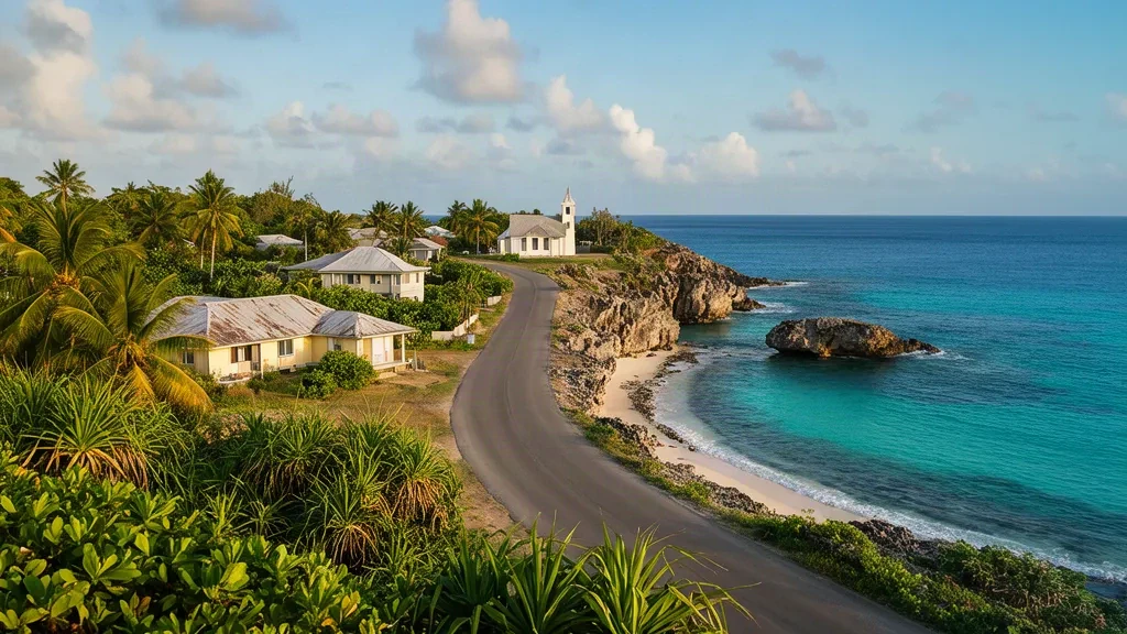 Das Dorf Vaiea auf Niue mit Korallenkalksteinfelsen, türkisfarbener Lagune, Palmen und einer ruhigen Küstenstraße im goldenen Nachmittagslicht