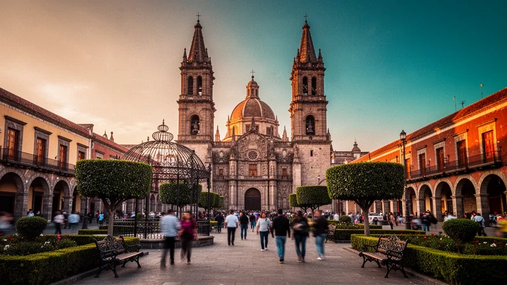 Türme der Guadalajara-Kathedrale und Plaza de Armas zur goldenen Stunde in Jalisco, Mexiko, mit kolonialen Arkaden und flanierenden Einheimischen