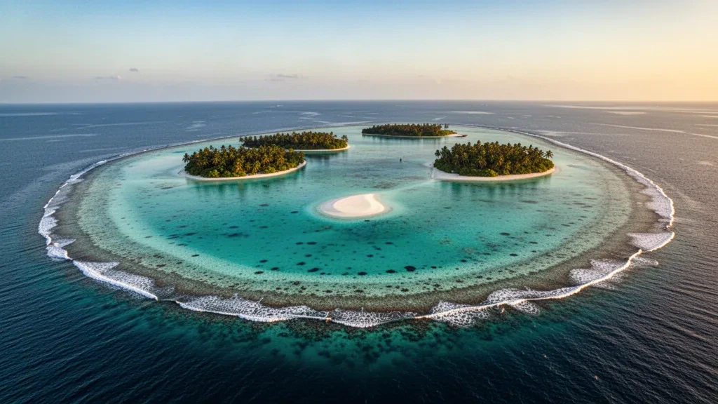 Vue aérienne de l'atoll de Gaafu Alif aux Maldives, montrant un lagon turquoise, le bord d'un récif corallien et des îles couvertes de palmiers.