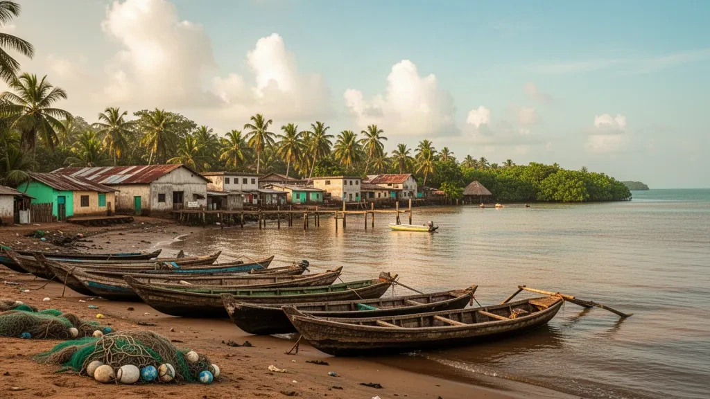 Fischerkanus auf dem Sinoe River bei Greenville, Sinoe County, Liberia, mit palmengesäumten Ufern in warmem tropischem Nachmittagslicht