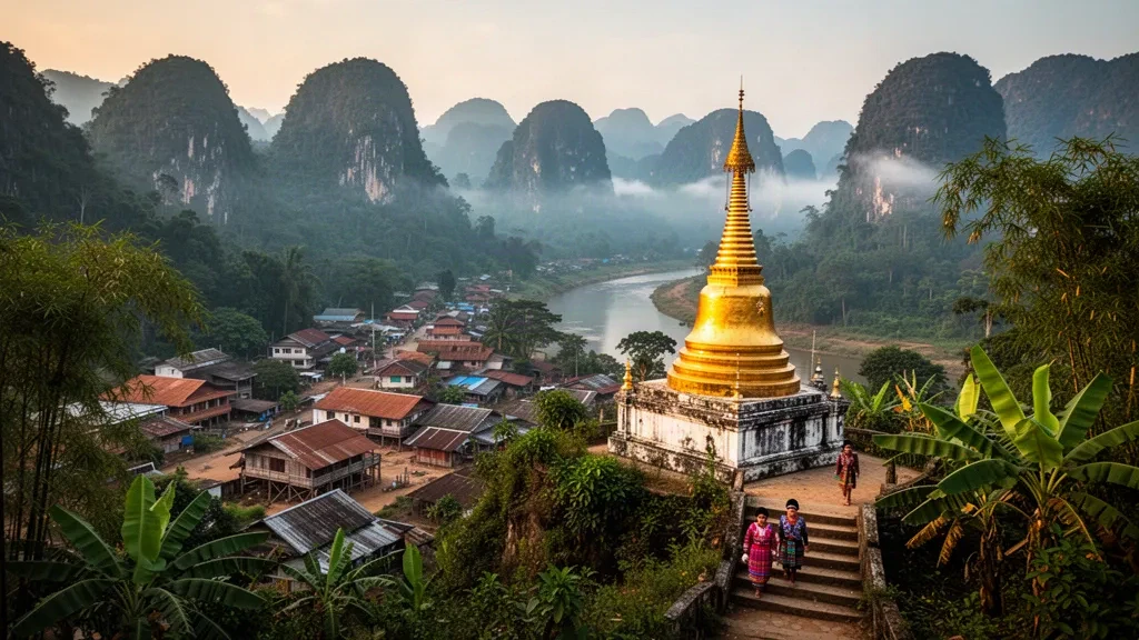 Estupa dorada en lo alto de una colina sobre la ciudad de Muang Xay rodeada de montañas en la provincia de Oudomxay, norte de Laos, al amanecer