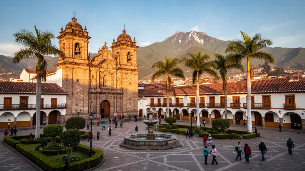 Golden-hour view of the Plaza de Armas in Huánuco, Peru, with its colonial cathedral, palm trees and surrounding Andean hills.