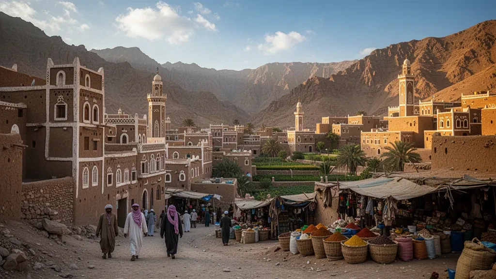 Veduta di Ad Dali', Yemen, nell'ora dorata, con case a torre tradizionali e creste montuose aspre sotto un cielo caldo.