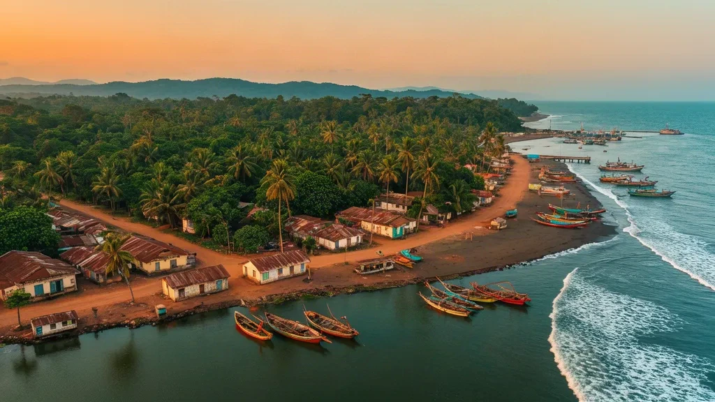 Veduta aerea di Greenville, Contea di Sinoe, Liberia, durante l'ora d'oro, con canoe da pesca sulla laguna, riva orlata di palme e costa atlantica