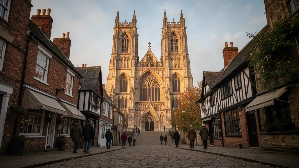 Lincoln, Lincolnshire'da sıcak ikindi ışığında Arnavut kaldırımlı Steep Hill'in üzerinde yükselen Lincoln Katedrali'nin Gotik kuleleri