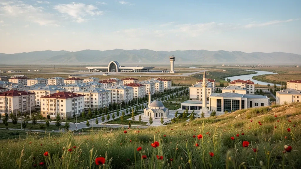 Ciudad de Fuzuli reconstruida en Azerbaiyán con nuevos bloques de apartamentos, calles arboladas y la moderna terminal del aeropuerto internacional en la llanura de Karabaj