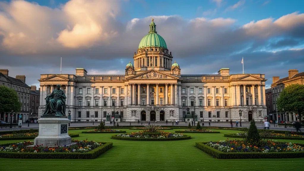 Altın saatlerde Donegall Square'de Belfast City Hall ve peyzajlı bahçeleri, Kuzey İrlanda'nın başkentini temsil ediyor