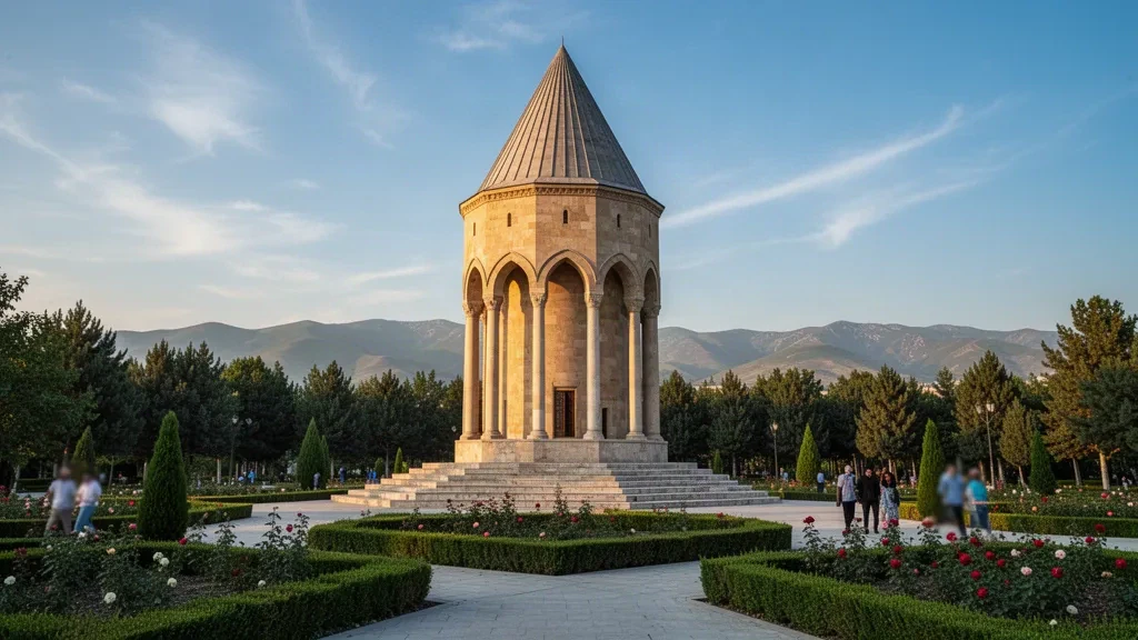 Gence, Azerbaycan'daki peyzajlı parkı içinde, berrak mavi gökyüzüne karşı sıcak ikindi güneşiyle aydınlanan Nizami Türbesi