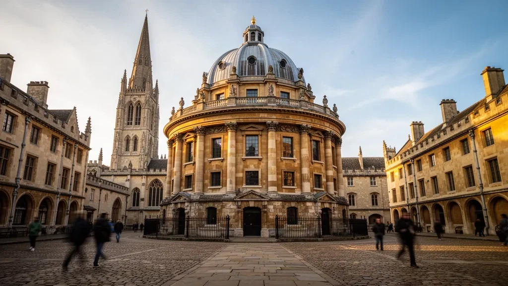 Radcliffe Camera und die historischen Türme von Oxford zur goldenen Stunde, die die Stadt Oxford in Oxfordshire, England, repräsentieren