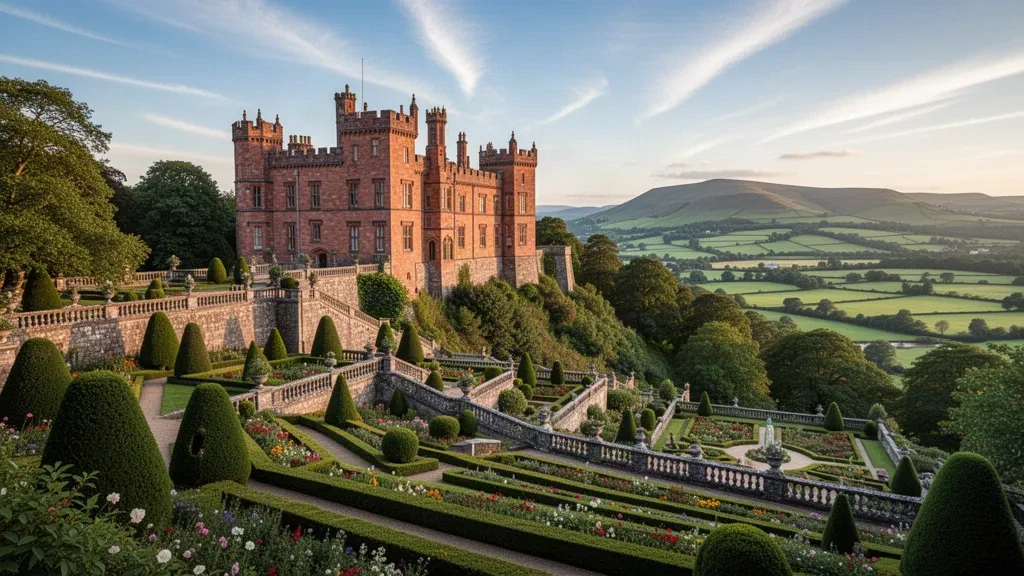 Powis Castle und Terrassengärten in Powys, Wales, mit sanften grünen Hügeln im weichen Nachmittagslicht