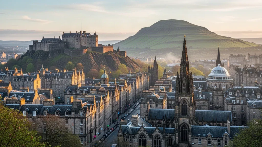 Le château d'Édimbourg et les toits de la vieille ville au-dessus du Royal Mile en Écosse à l'heure dorée