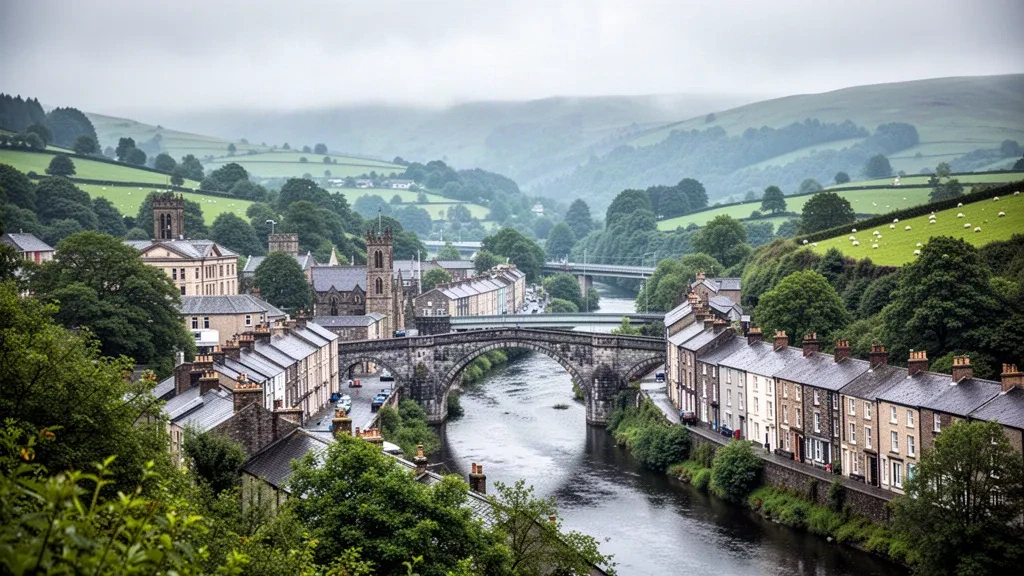 Histórico puente de arco de piedra sobre el río Taff en Pontypridd, Rhondda Cynon Taf, Gales, enmarcado por laderas verdes del valle y calles de casas adosadas