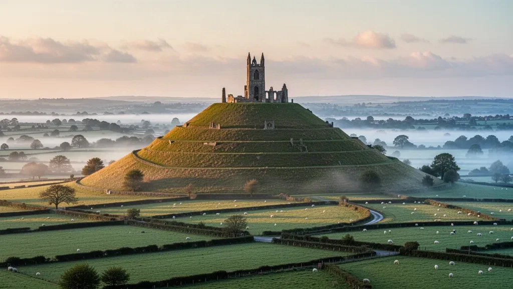 Glastonbury Tor ve tepesindeki kulesi, İngiltere kırsalında altın saatte puslu yeşil Somerset Ovaları'nın üzerinde yükseliyor