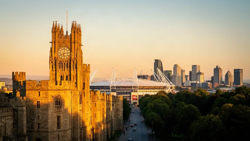 Tour de l'horloge du château de Cardiff et Principality Stadium sous une chaude lumière dorée à Cardiff, au Pays de Galles