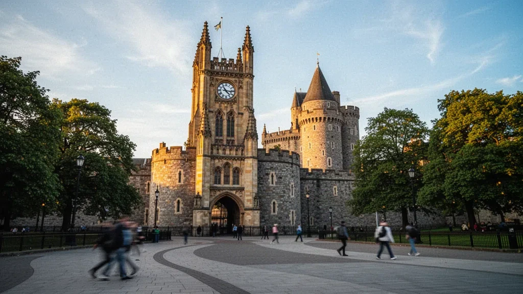 Cardiff, Galler, Birleşik Krallık'ta Cardiff Kalesi'nin Gotik saat kulesi ve taş kalesi, ağaçlarla çevrili şehir merkezinin üzerinde yükseliyor
