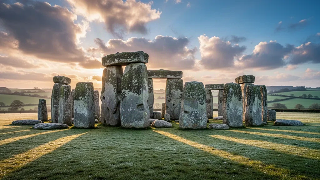Pierres de sarsen altérées de Stonehenge sur Salisbury Plain à l'heure dorée, Wiltshire, Angleterre