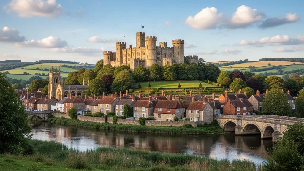 West Sussex, İngiltere'de nehrin üzerindeki ormanlık tepesinde Arundel Kalesi ve tarihi kasaba çatıları, altın saatte