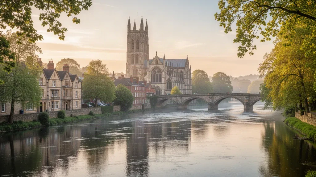 La Catedral de Worcester y el río Severn a la hora dorada, con edificios históricos junto al río y frondosos árboles en Worcester, Inglaterra.
