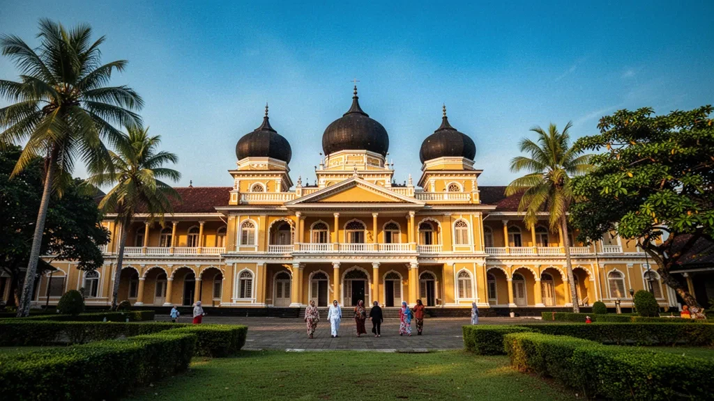 Der Maimun-Palast in Medan, Nord-Sumatra, Indonesien, ein gelber Königspalast mit dunklen Kuppeln und Palmen unter einem hellen tropischen Himmel