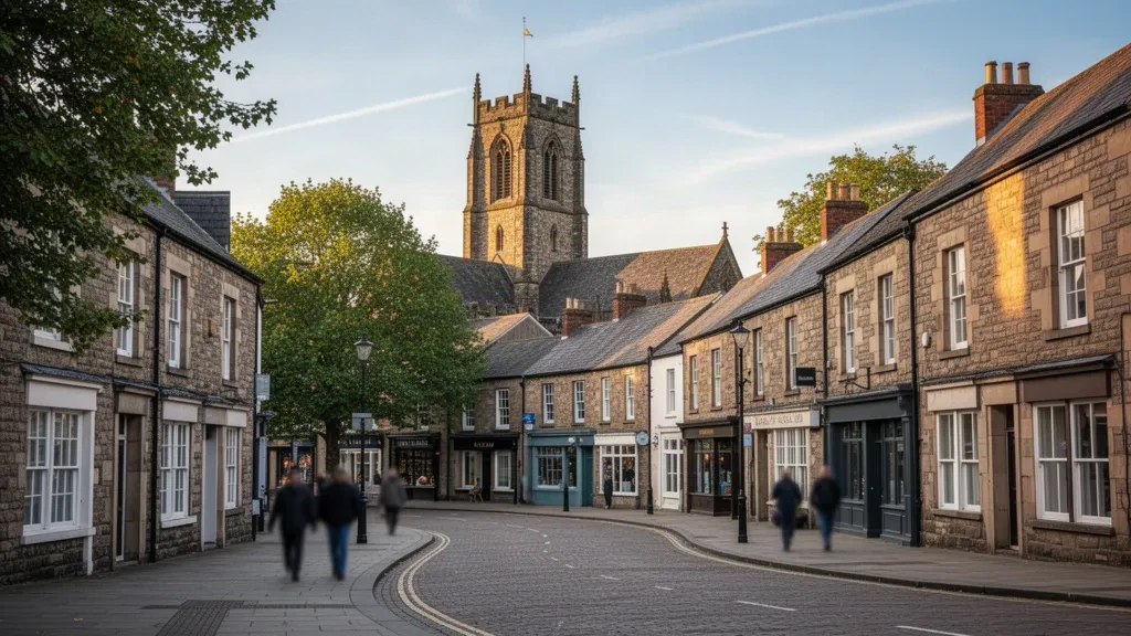 Centro città di Wrexham con la storica torre della chiesa di St Giles sotto la calda luce del tardo pomeriggio nel Galles, Regno Unito.