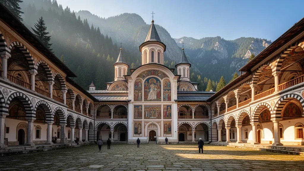 Cour du monastère de Rila avec des arcades rayées et une église à coupole encadrée par les monts Rila boisés en Bulgarie