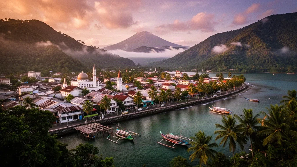 Blick zur goldenen Stunde über die Bucht von Ambon und die Uferpromenade der Inselstadt Maluku in Indonesien, mit Fischerbooten, Palmen und grünen vulkanischen Hügeln.